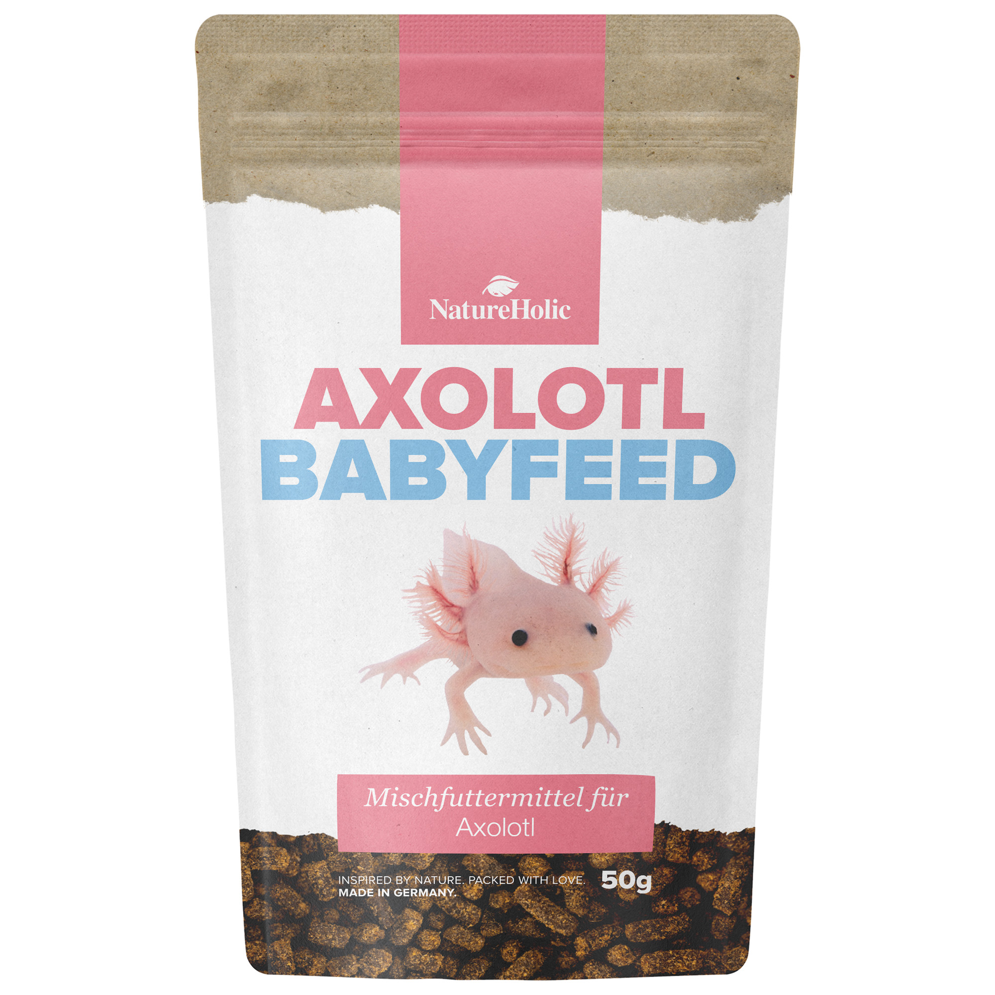 Packung Axolotl Babyfeed 50 g Mischfutter mit Axolotl-Motiv